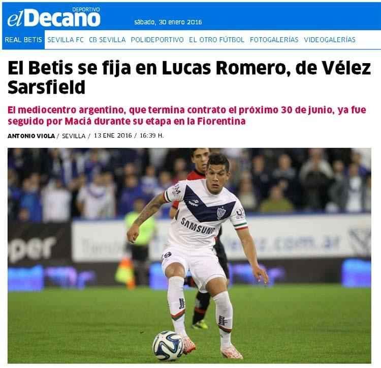Notcia sobre o interesse do Betis em Romero