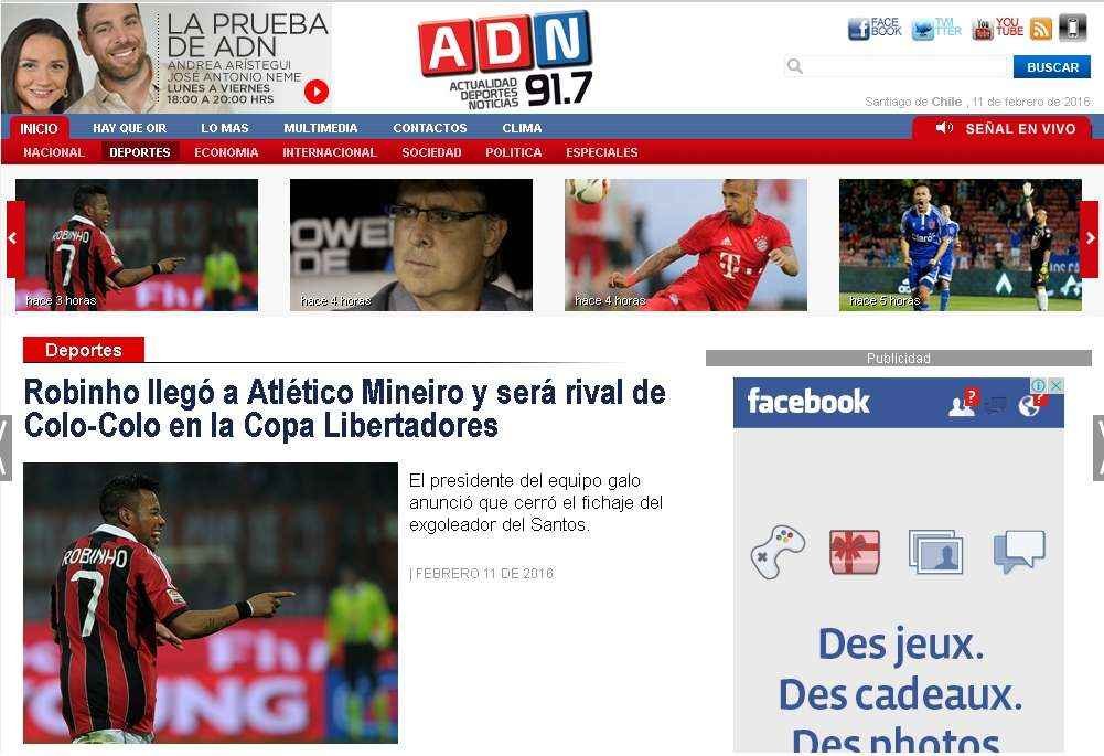 Rdio ADN, do Chile destaca Robinho como rival do Colo Colo na Libertadores