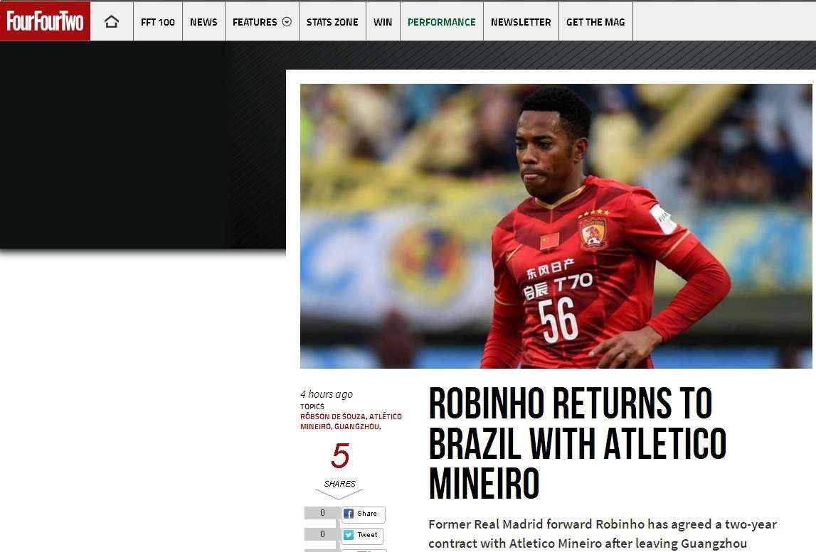 Four-Four-Two, da Inglaterra, destaca retorno do jogador ao Brasil