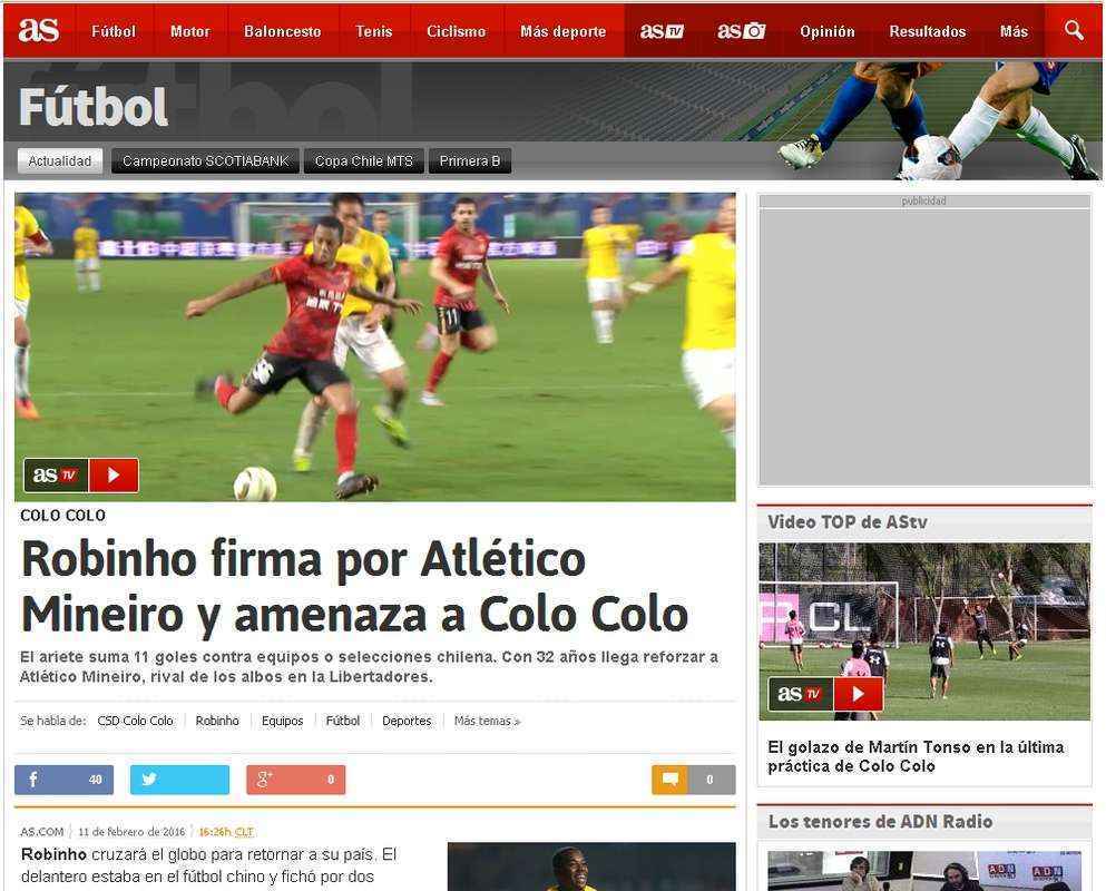 AS, da Espanha, em verso latina: destaque para o duelo de Robinho com o Colo Colo na Libertadores