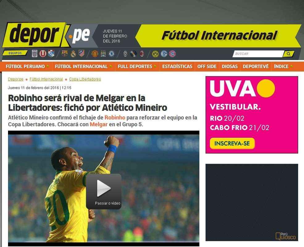 Depor, do Peru, destaca confronto de Robinho contra o Melgar, pela Libertadores
