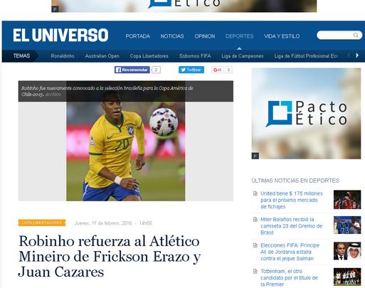 El Universo, do Equador, noticia chegada de Robinho a time de Erazo e Cazares