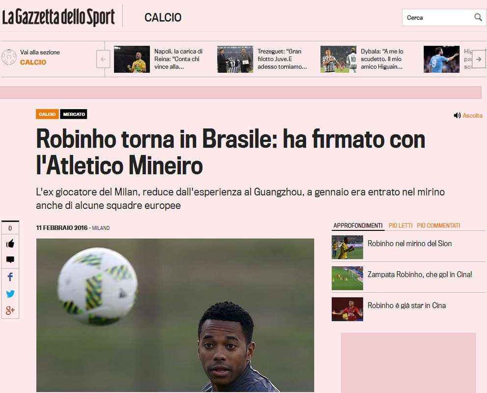 La Gazzetta dello Sport noticia retorno de Robinho ao Brasil