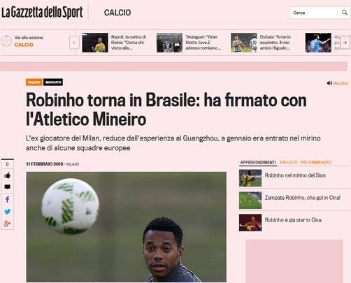 La Gazzetta dello Sport noticia retorno de Robinho ao Brasil