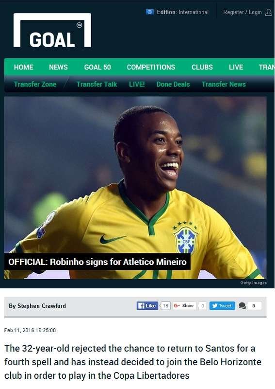 Goal, da Inglaterra, destaca que Robinho teve a chance de acertar com o Santos, mas fechou com o Galo