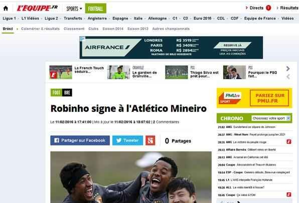 L'Equipe, da Frana, tambm noticiou acordo de Robinho com o Galo