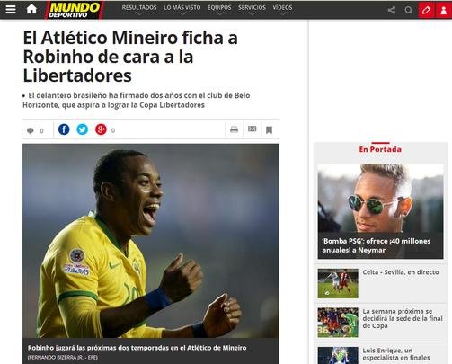Mundo Deportivo, de Barcelona, destaca chegada de 'principal reforo' do Atltico