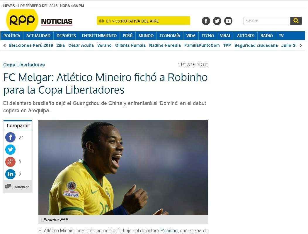 RPP, do Peru, cita possvel confronto entre Robinho e Melgar na Libertadores