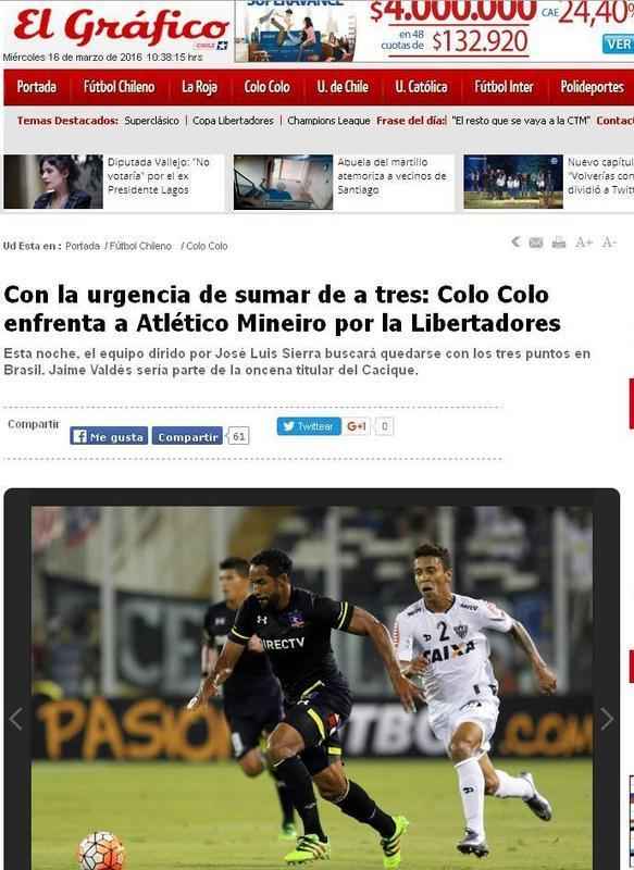 Com a urgncia de somar os trs pontos, o Colo Colo enfrenta a Atltico Mineiro pela Libertadores