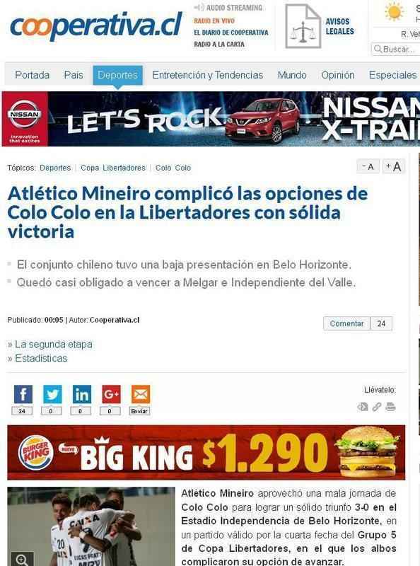 Atltico Mineiro complicou as chances de Colo Colo na Libertadores com uma slida vitria