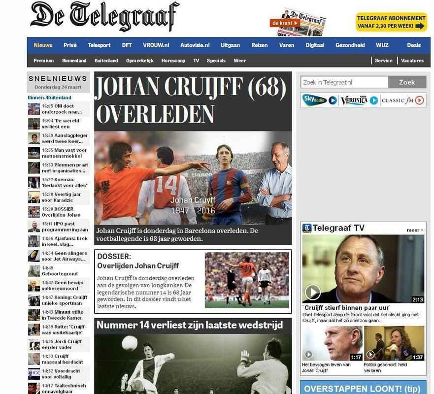 De Telegraaf (Holanda): 'Johan Cruyff faleceu. A lenda do futebol tinha 68 anos'