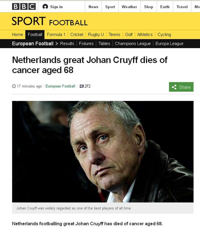 BBC News (Inglaterra): 'O grande holands Johan Cruyff morre de cncer aos 68 anos'