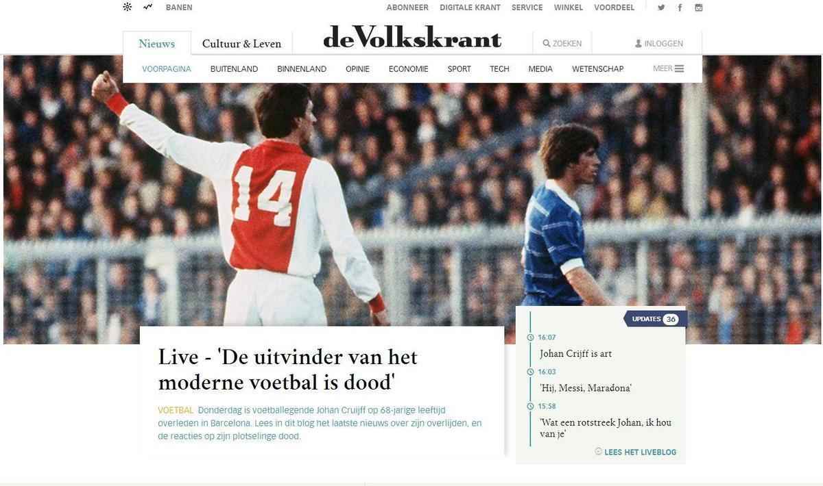 De Volkskrant (Holanda): 'O inventor do futebol moderno est morto - A lenda do futebol Johan Cruyff faleceu em Barcelona, aos 68 anos'