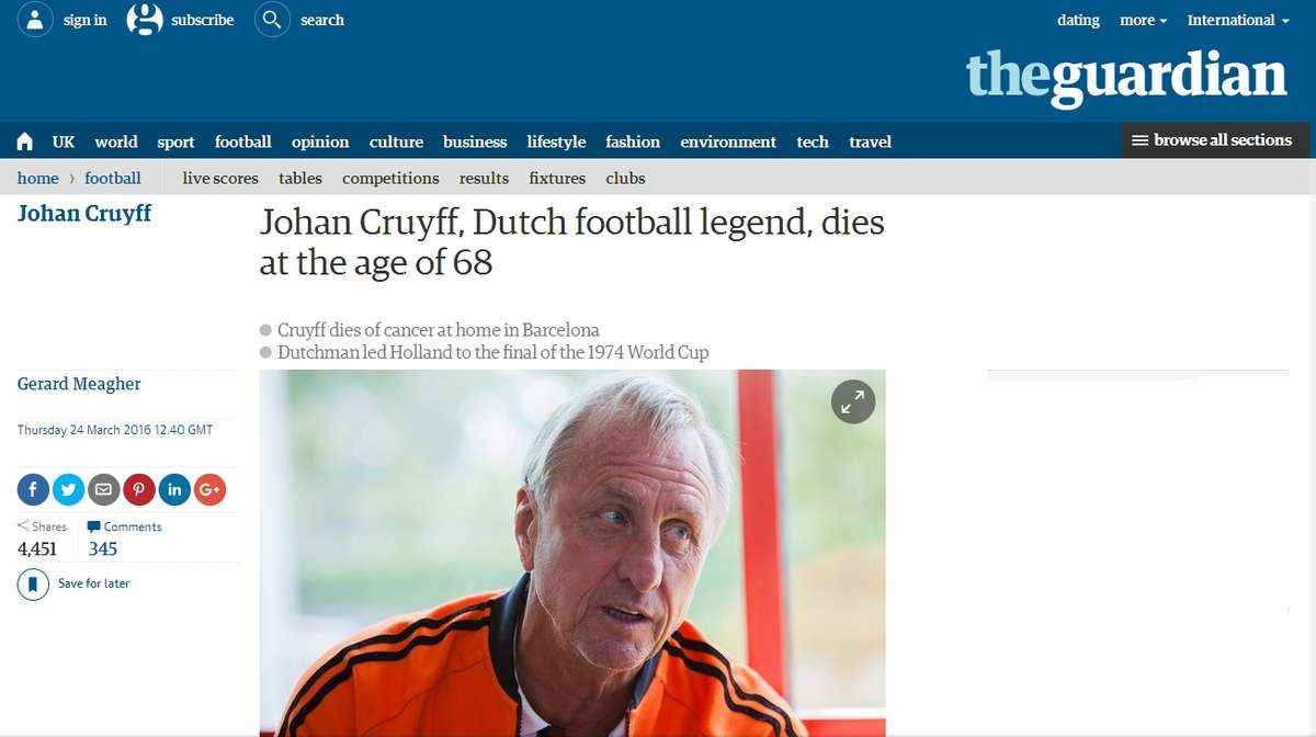The Guardian (Inglaterra): 'Johan Cruyff, lenda do futebol holands, morre aos 68 anos'