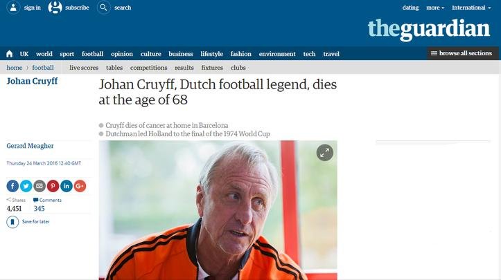 The Guardian (Inglaterra): 'Johan Cruyff, lenda do futebol holandês, morre aos 68 anos'