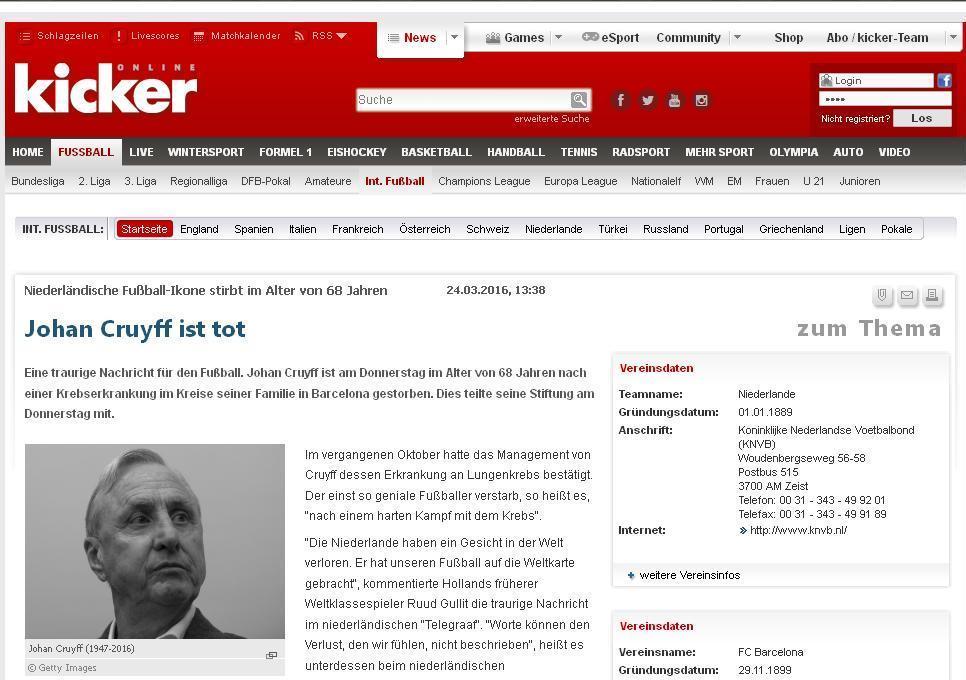 Kicker (Alemanha): ' Johan Cruyff morreu - Uma triste notcia para o futebol'