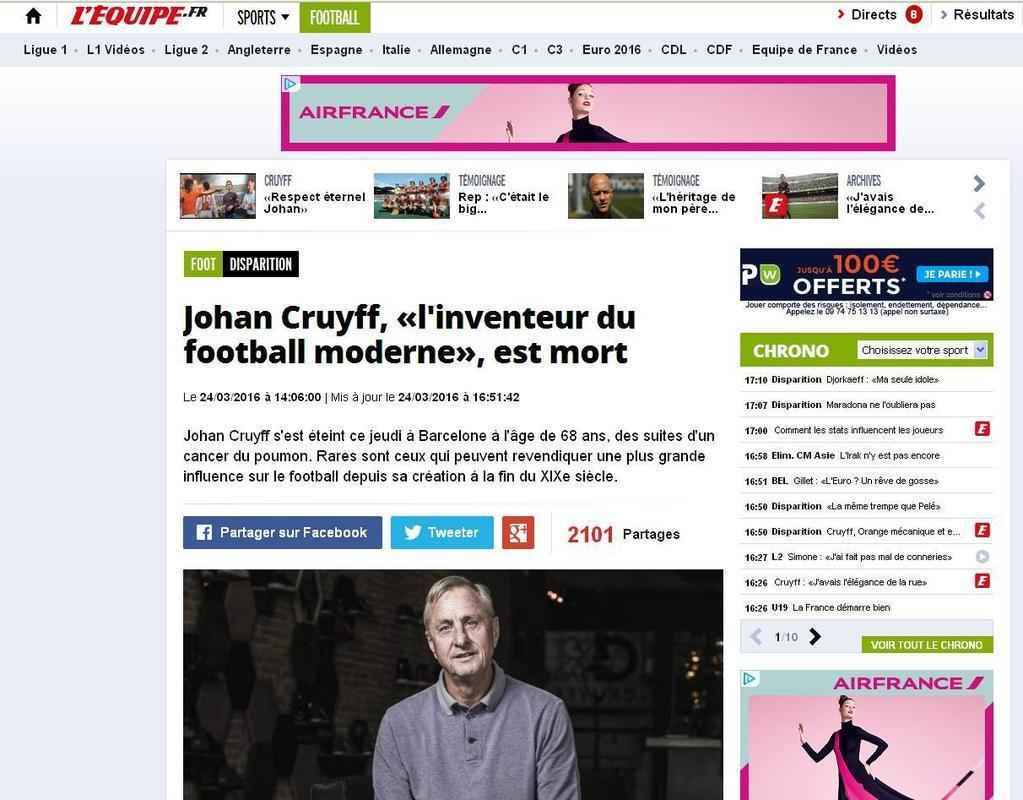 L'Equipe (Frana): 'Johan Cruyff, o inventor do futebol moderno, est morto'