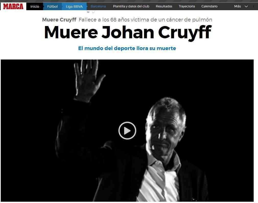Marca (Espanha): 'Morre Johan Cruyff - O mundo do esporte chora sua morte'