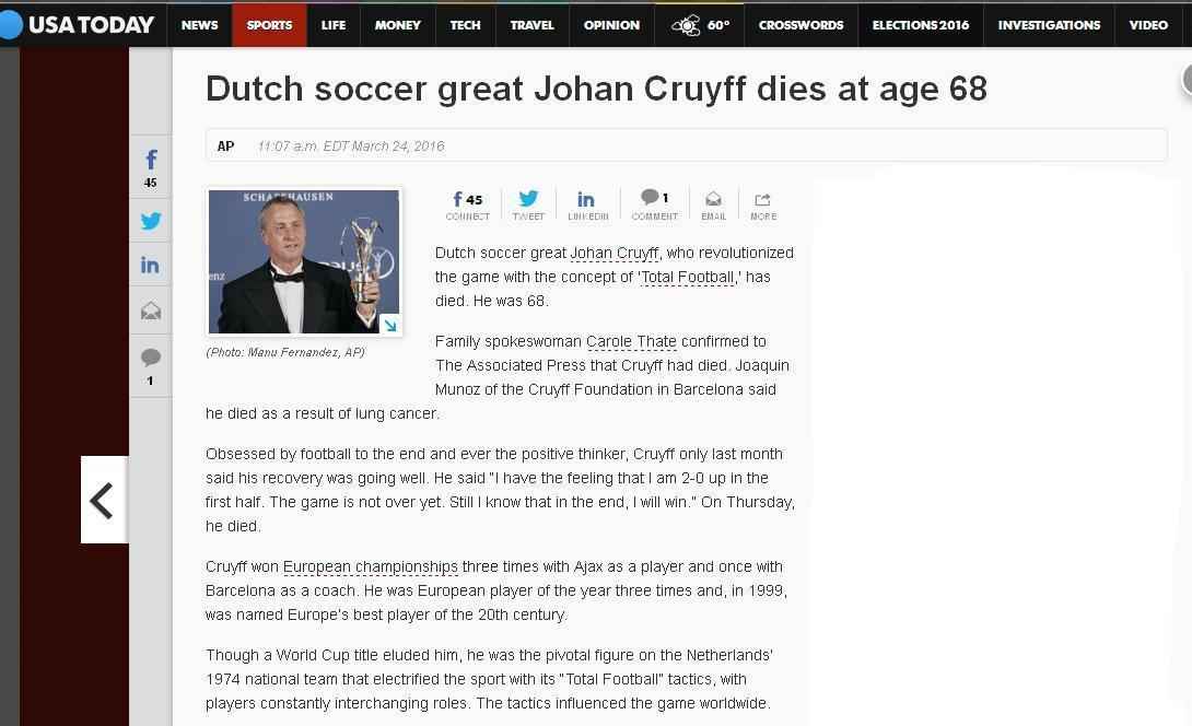 USA Today (EUA): ' O grande jogadro holands Johan Cruyff morre aos 68 anos'