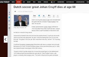 USA Today (EUA): ' O grande jogadro holands Johan Cruyff morre aos 68 anos'