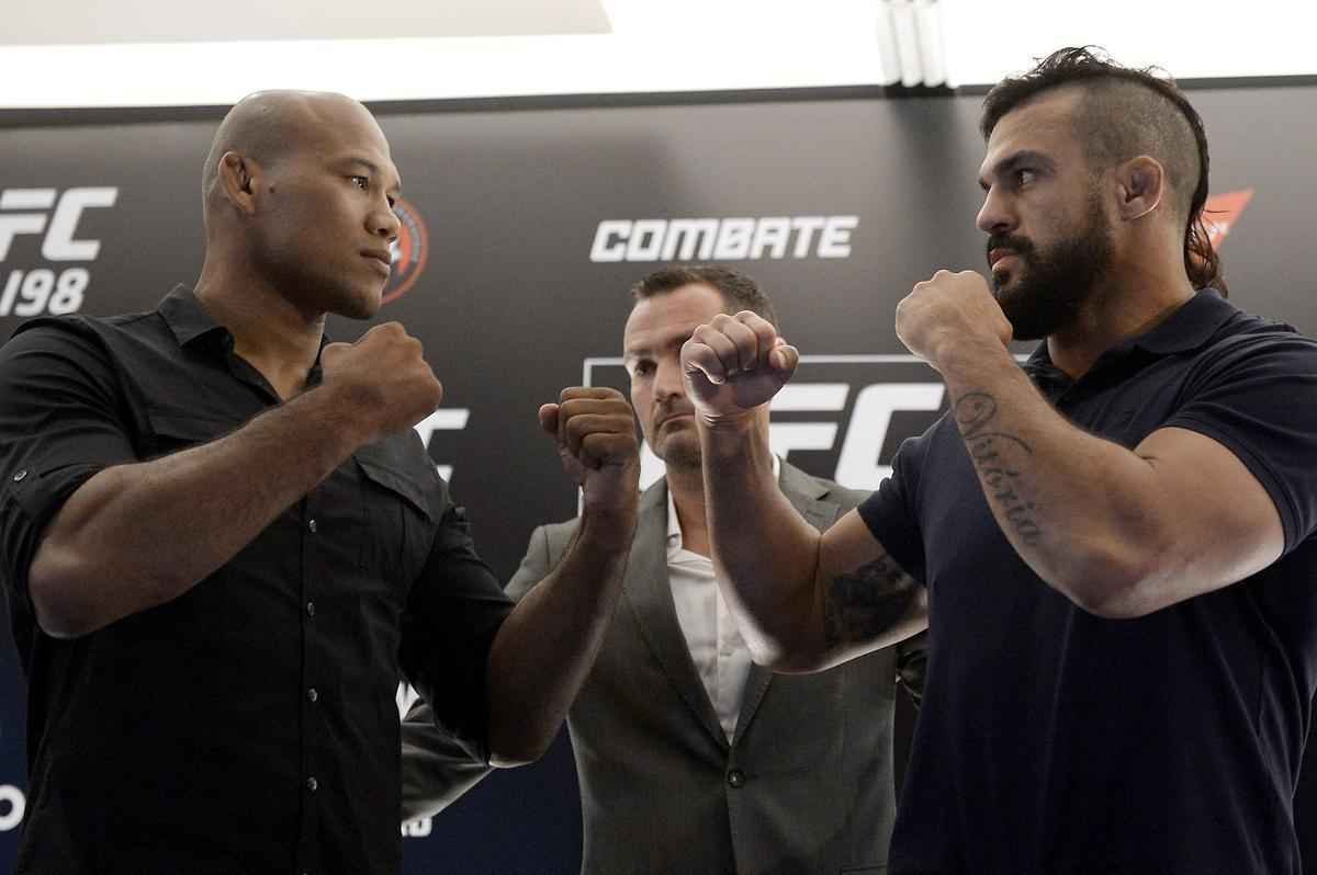Imagens da coletiva do UFC 198, no Rio de Janeiro - encarada entre Jacar e Belfort