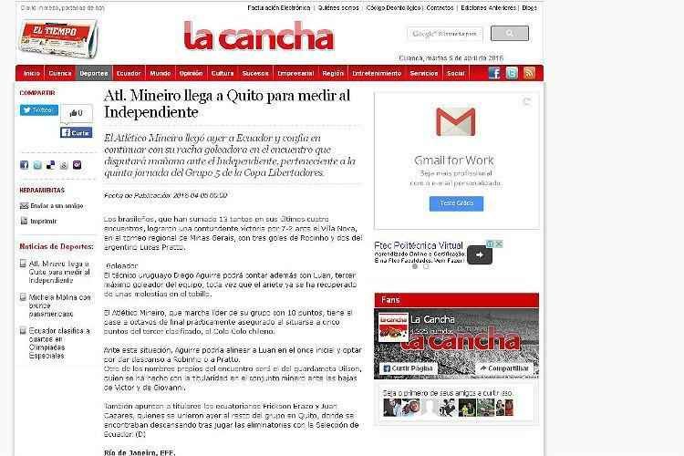 'Atltico Mineiro chega a Quito para medir foras com o Independiente'