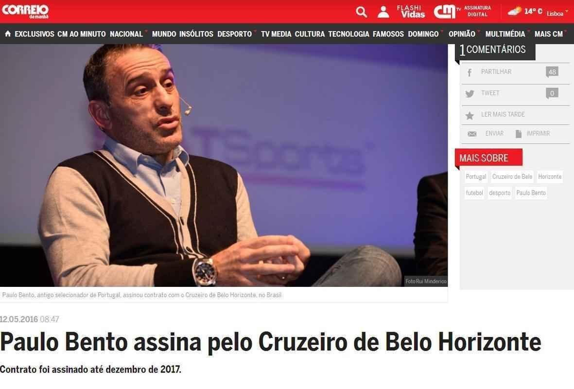 Correio da Manh: 'O futebolista Paulo Bento, antigo selecionador de Portugal, assinou contrato com o Cruzeiro'