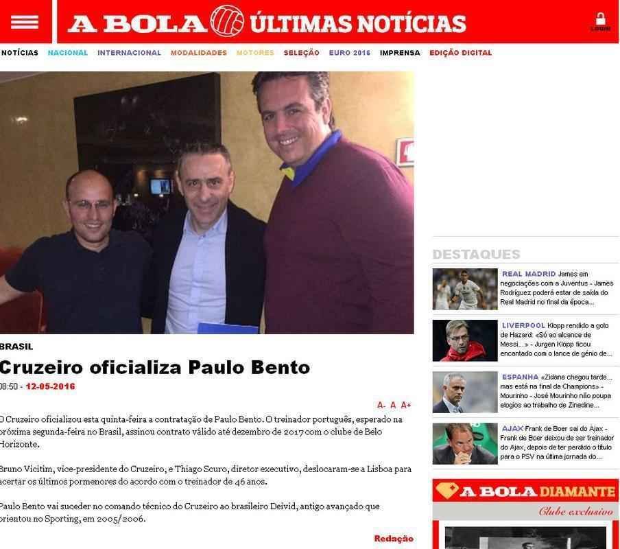 A Bola: 'Paulo Bento vai suceder no comando tcnico do Cruzeiro o brasileiro Deivid, antigo avanado que orientou no Sporting, em 2005/2006' 