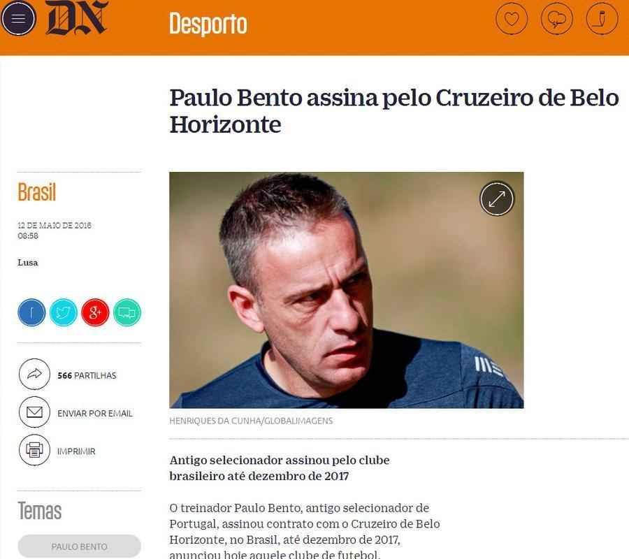 Dirio de Notcias: 'Paulo Bento assina pelo Cruzeiro de Belo Horizonte'