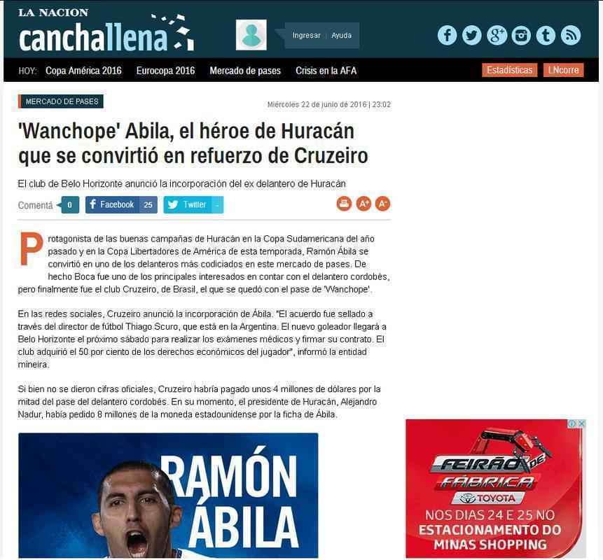 Canchallena: 'Wanchope Abila, o heri do Huracn que se tornou reforo do Cruzeiro'

