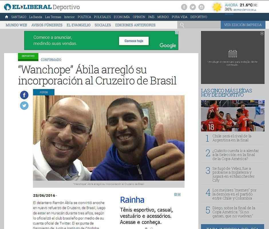El Liberal: 'Wanchope bila acertou sua incorporao ao Cruzeiro'