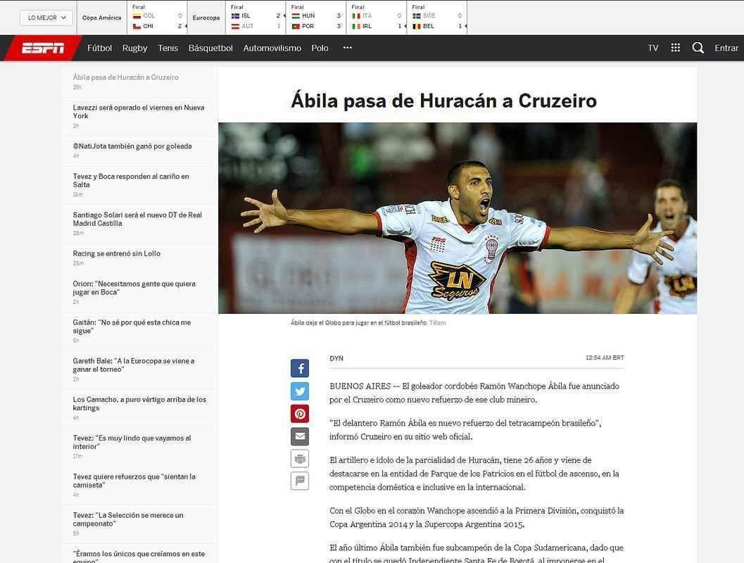 ESPN: 'bila se transfere do Huracn para o Cruzeiro'