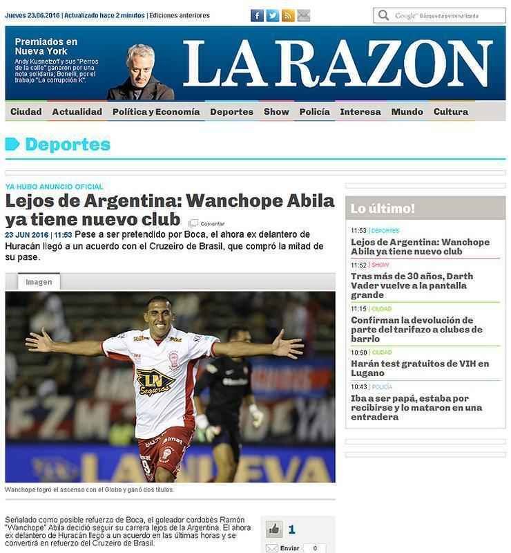 La Razon: 'Longe da Argentina: Wanchope Abila j tem um novo clube'