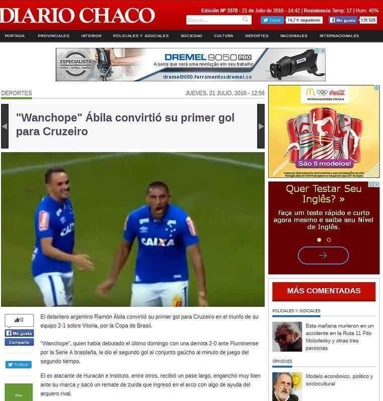 Diario Chacho: 'Wanchope bila converteu seu primeiro gol para o Cruzeiro'
