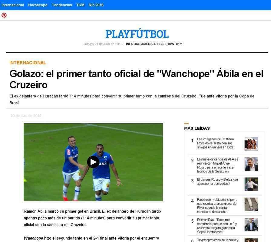Infobae: 'Golao: o primeiro tento oficial de Wanchope bila no Cruzeiro'
