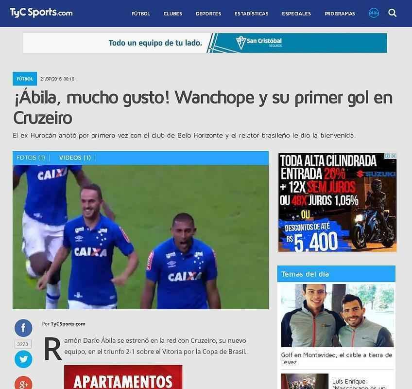 TyC Sports: 'bila, muito prazer! Wanchope e seu primeiro gol no Cruzeiro'