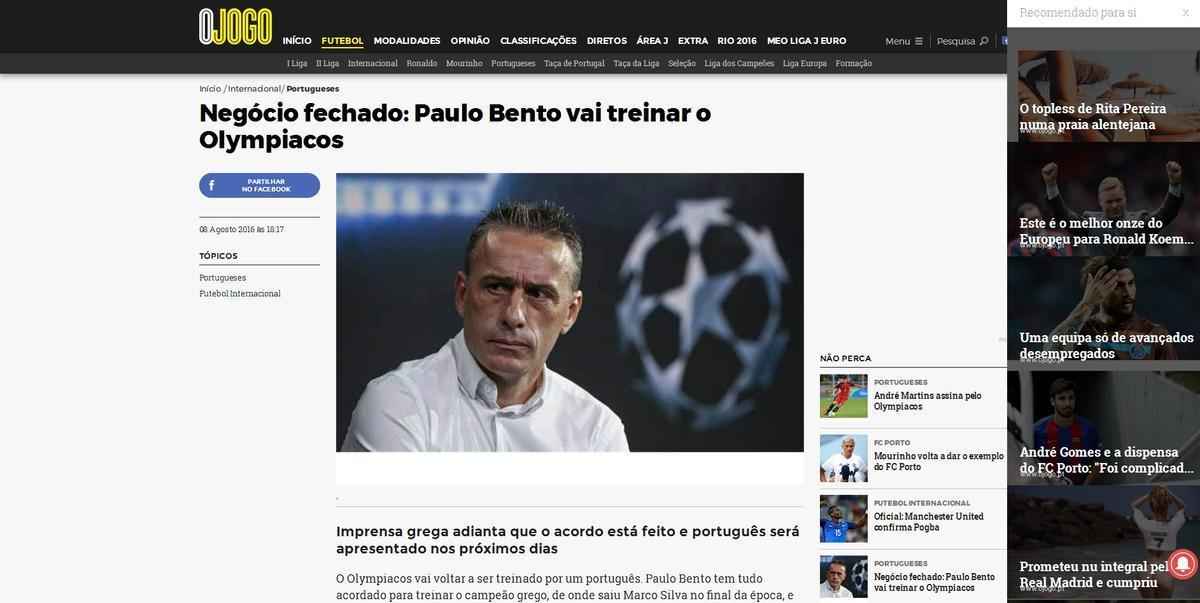Imprensa portuguesa d como certo o acordo entre o tcnico Paulo Bento e o Olympiacos