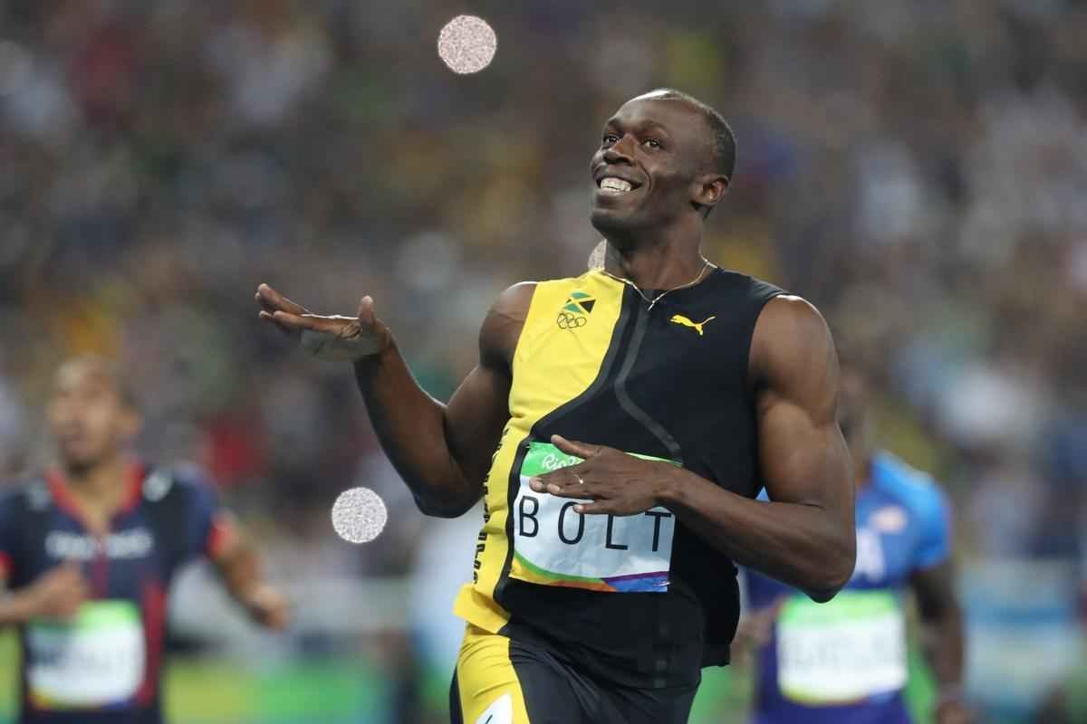 Sequncia de fotos de Rodrigo Clemente, do Estado de Minas, com a vitria de Bolt no Rio