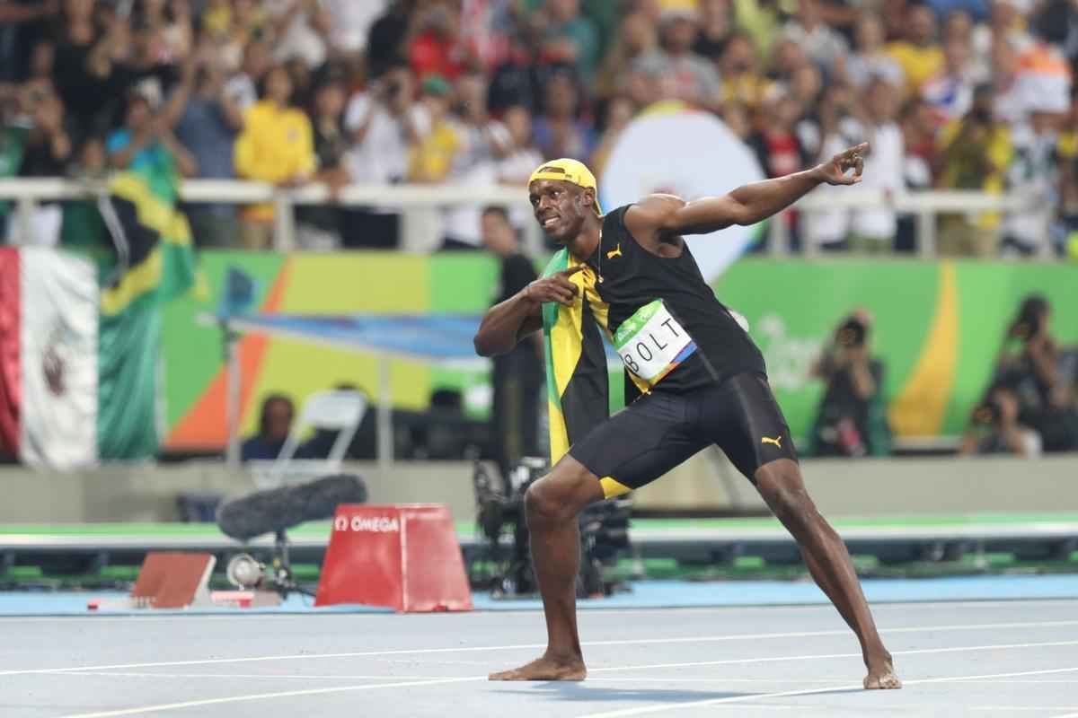 Sequncia de fotos de Rodrigo Clemente, do Estado de Minas, com a vitria de Bolt no Rio
