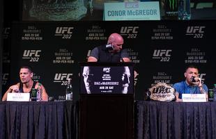 Fotos da coletiva do UFC 202, em Las Vegas - Nate Diaz, Dana White e Conor McGregor