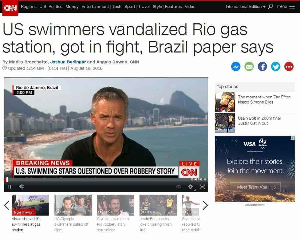 CNN (EUA): Curioso caso dos nadadores americanos no Rio. Nadadores dos EUA vandalizaram posto de gasolina no Rio, entraram em luta, dizem jornais brasileiros