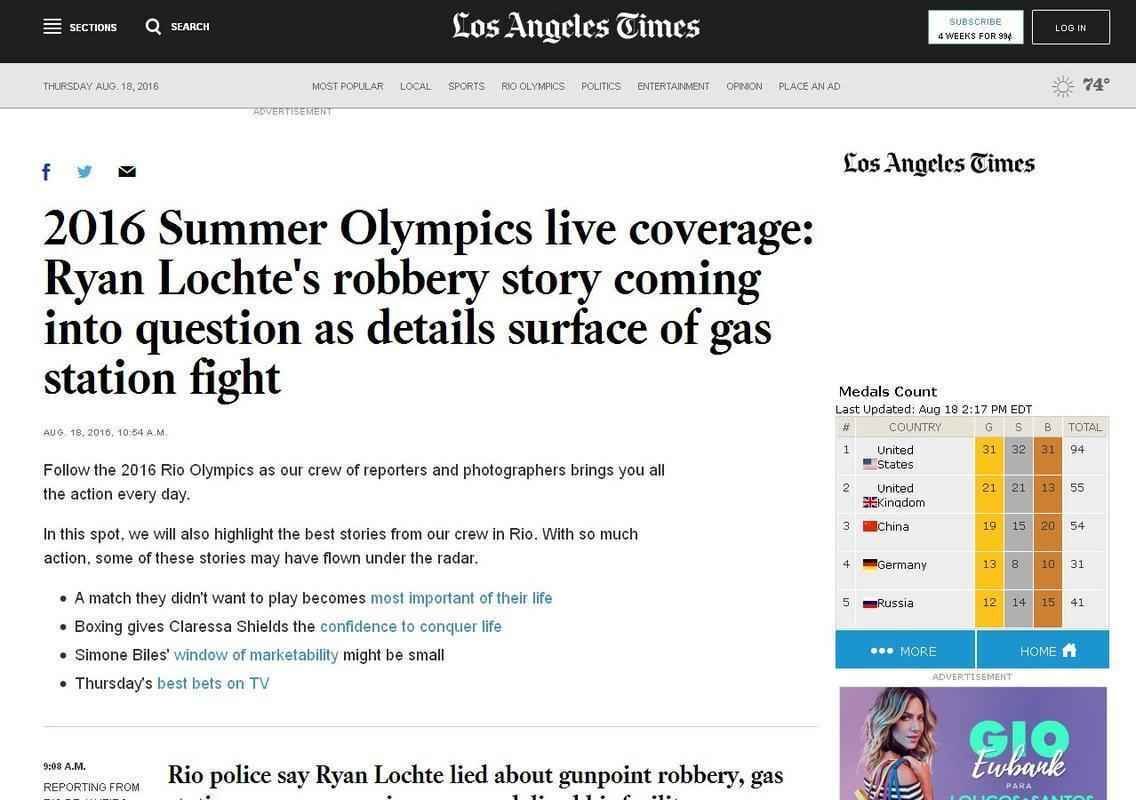 Los Angeles Times (EUA): Histria de roubo de Ryan Lochte  questionada aps briga em posto de gasolina