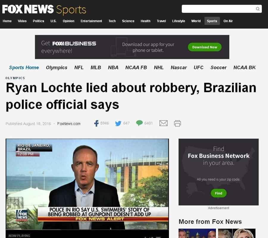 Fox News (EUA): Vdeo comprova que nadadores norte-americanos maquiaram histria de roubo para encobrir incidente em posto de gasolina