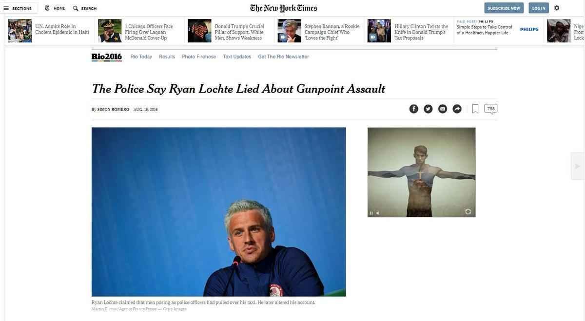 The New York Times (EUA): Nadadores maquiaram assalto. Polcia diz que Ryan Lochte mentiu sobre assalto  mo armada
