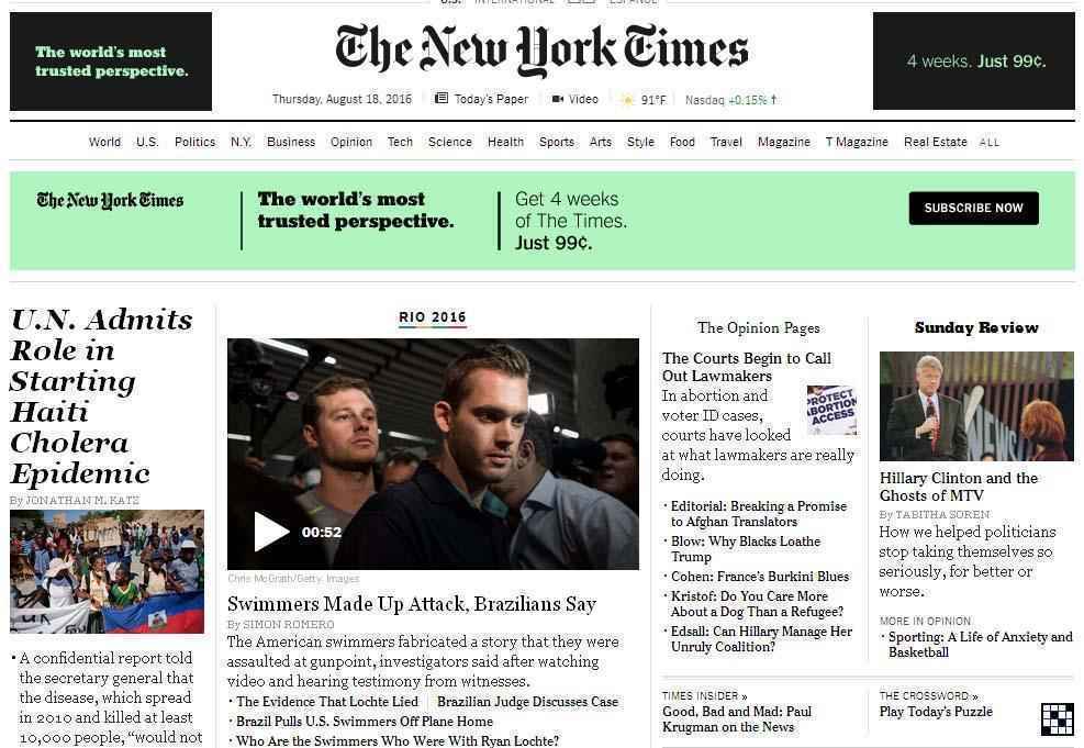 The New York Times (EUA): Nadadores maquiaram assalto. Polcia diz que Ryan Lochte mentiu sobre assalto  mo armada
