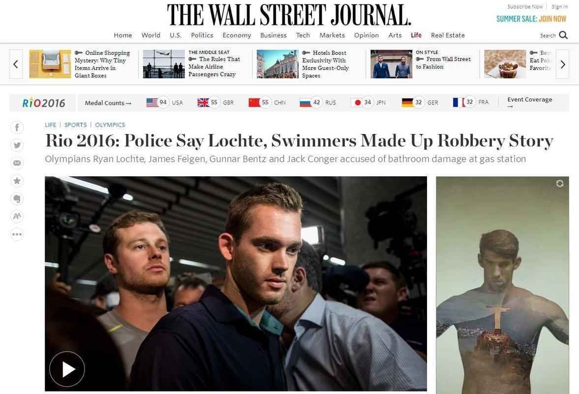 The Wall Street Journal (EUA): nadadores norte-americanos maquiaram histria de roubo
