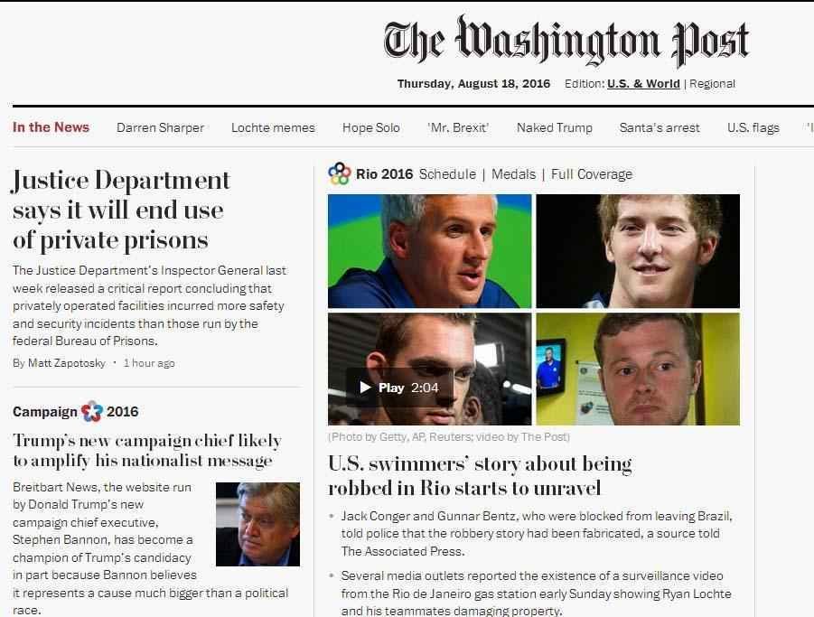 The Washington Post (EUA) : Histria dos nadadores americanos assaltados no Rio comea a ser desvendada. Trs companheiros de Ryan Lochte permanecem detidos para interrogatrio
