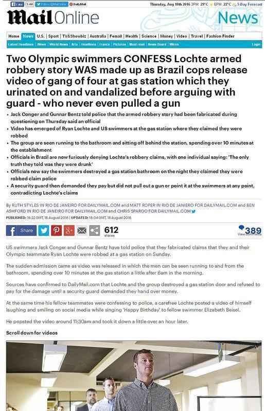 Daily Mail, da Inglaterra: 'A nica verdade que eles disseram foi que estavam bbados ': polcia revela vdeo de nadadores dos EUA no posto de gasolina no Rio, onde os oficiais dizem que nadadores destruram casas de banho e discutiram com guardas - que nunca sequer puxaram armas'