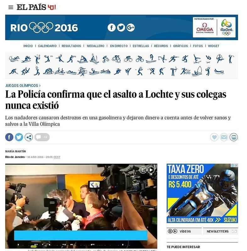 El Pas, Espanha: 'A polcia confirma que o assalto a Lochte e seus colegas nunca existiu'