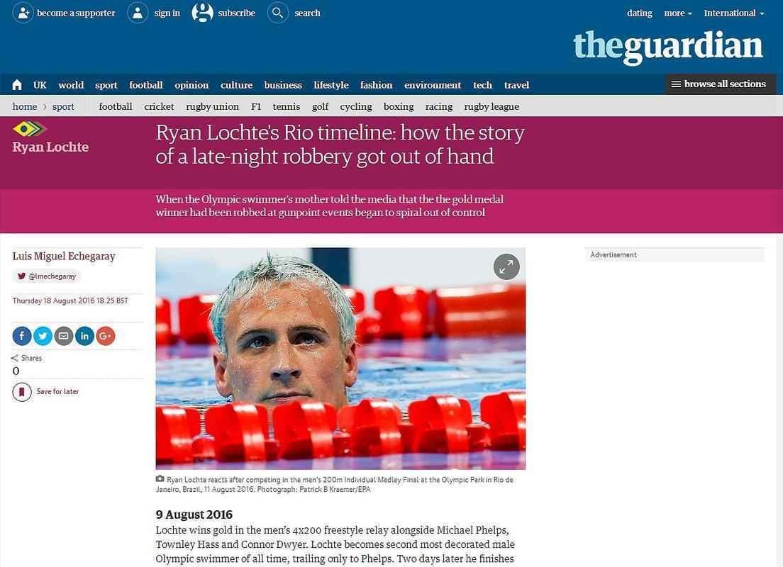 The Guardian, Inglaterra: 'Cronograma de Ryan Lochte no Rio: como a histria de um roubo de fim de noite saiu do controle'